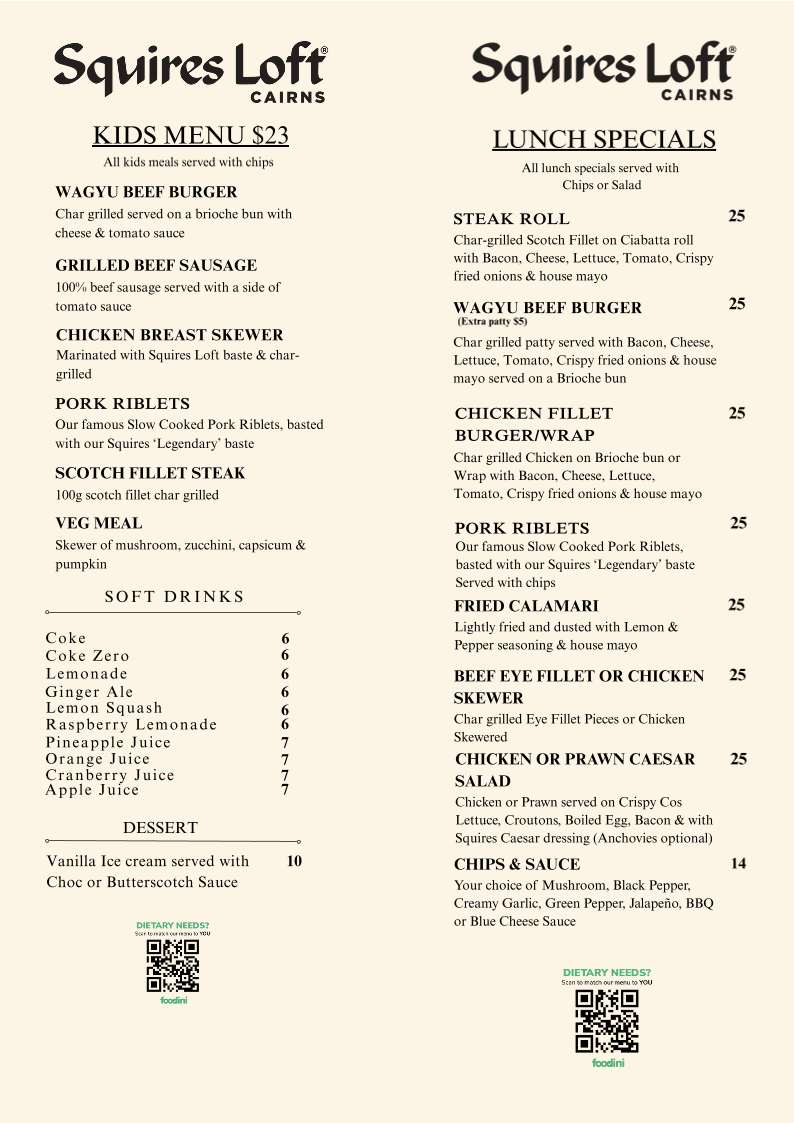 Menu, Squires Loft Cairns