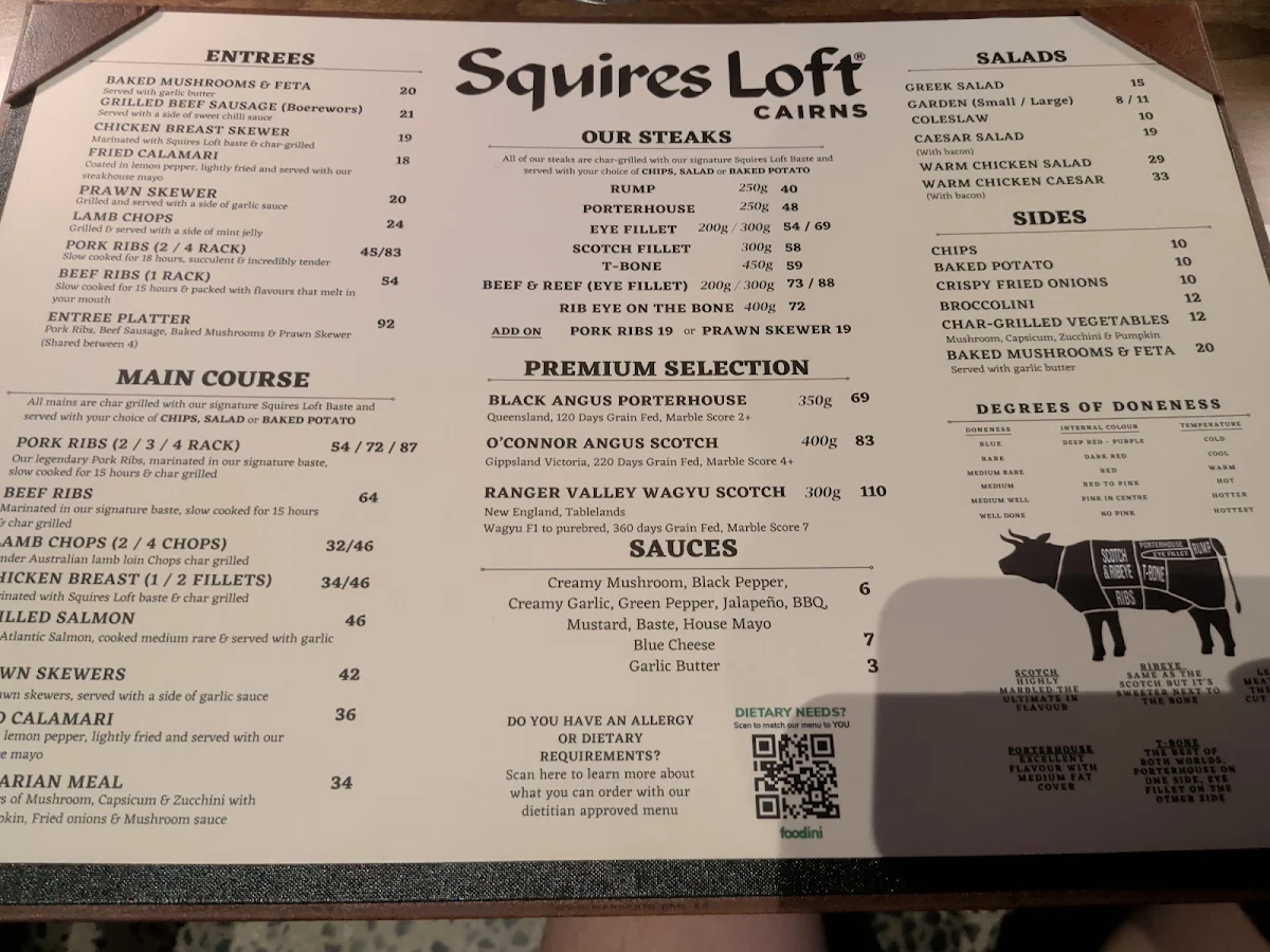 Menu, Squires Loft Cairns