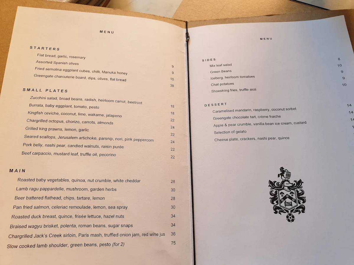 Menu, Greengate Terrace