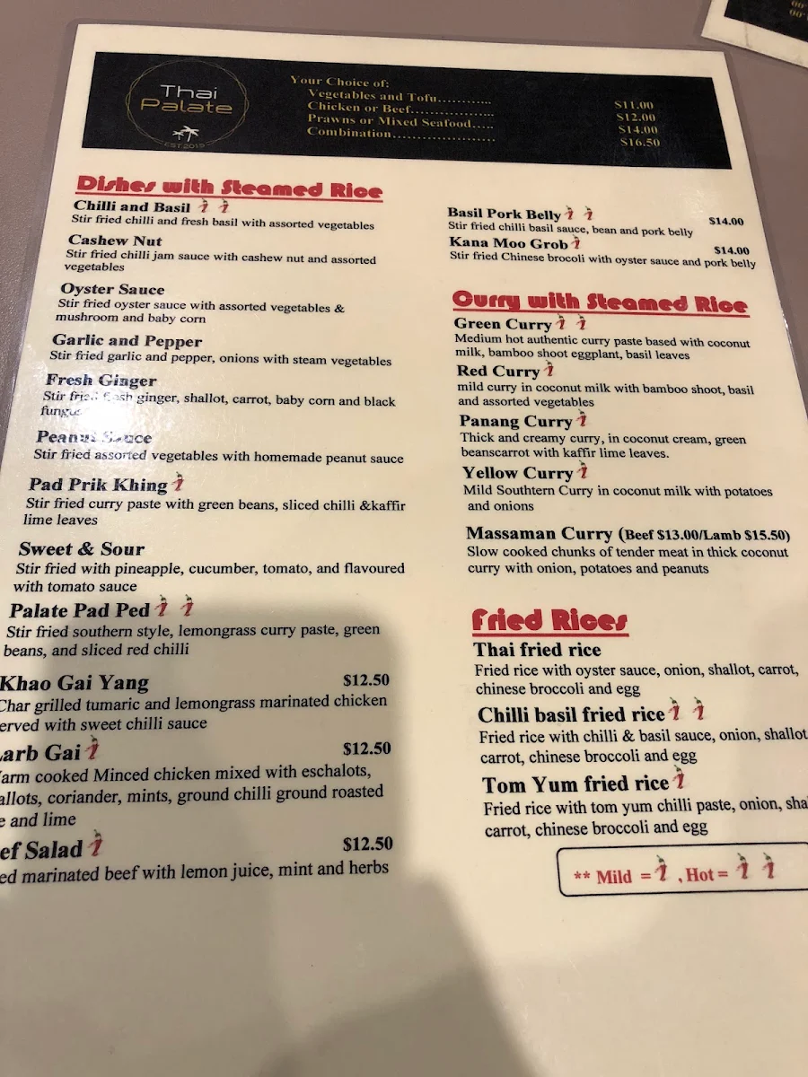 Menu, Thai Palate