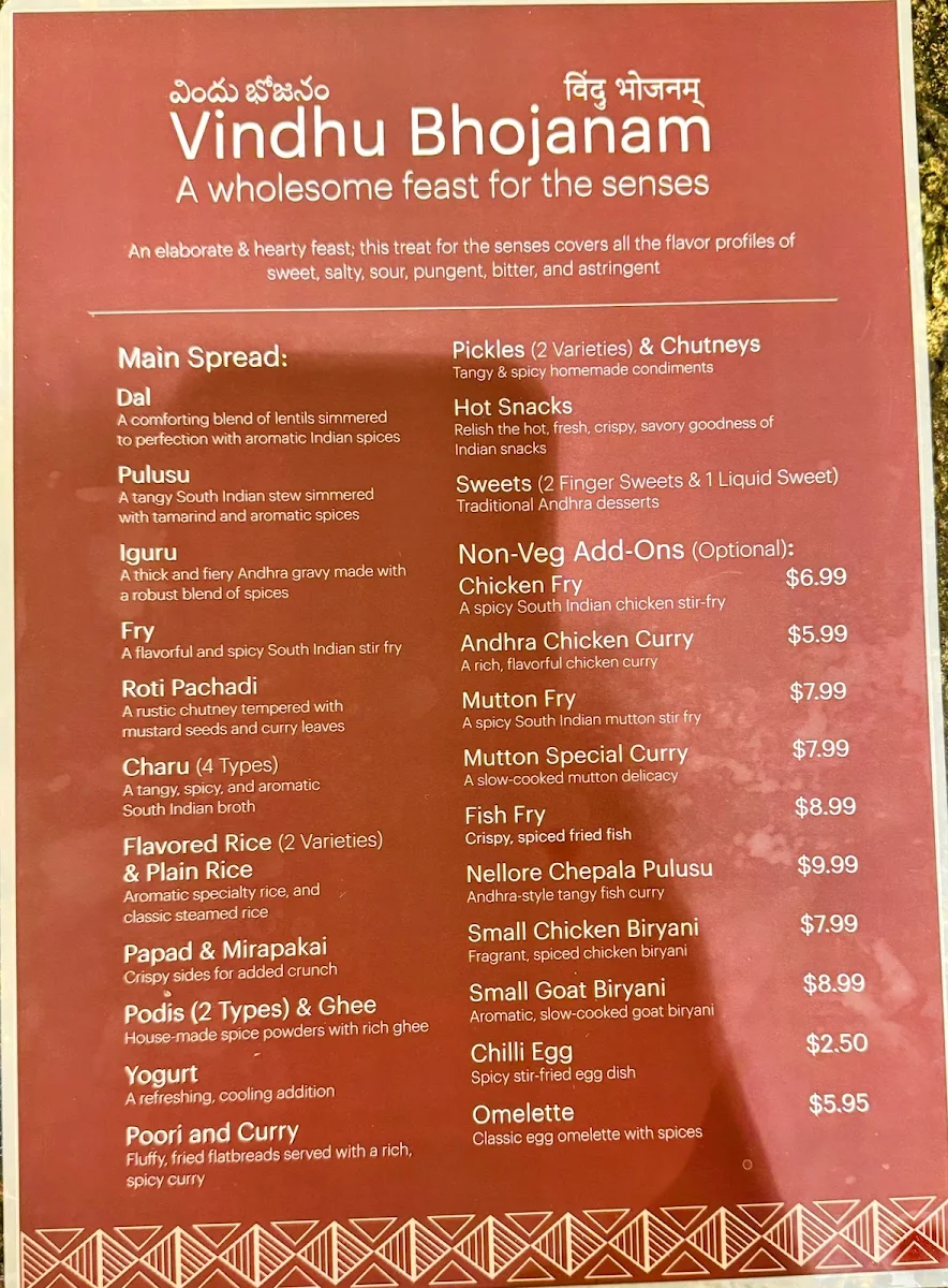 Menu, Chilli India