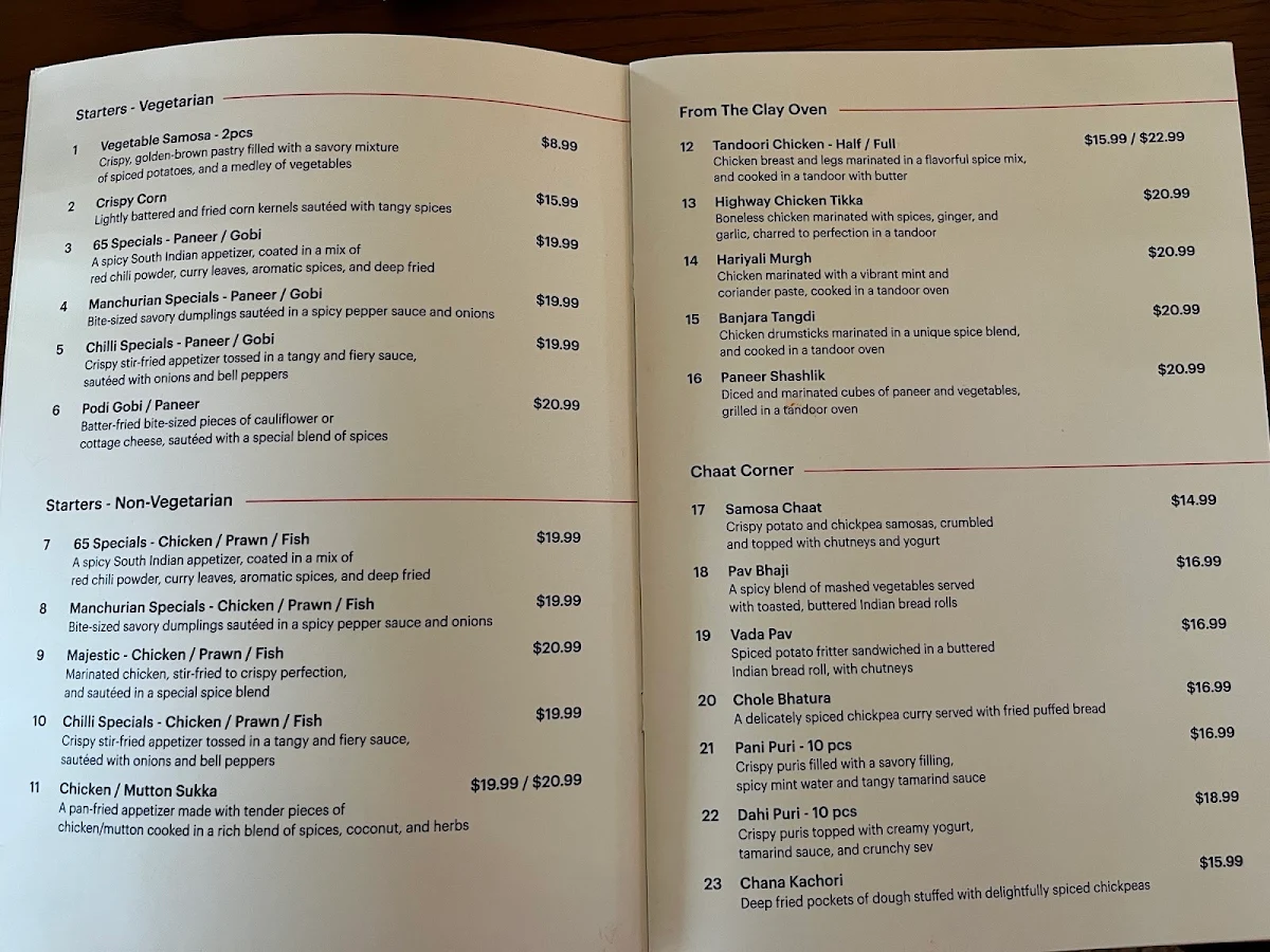 Menu, Chilli India