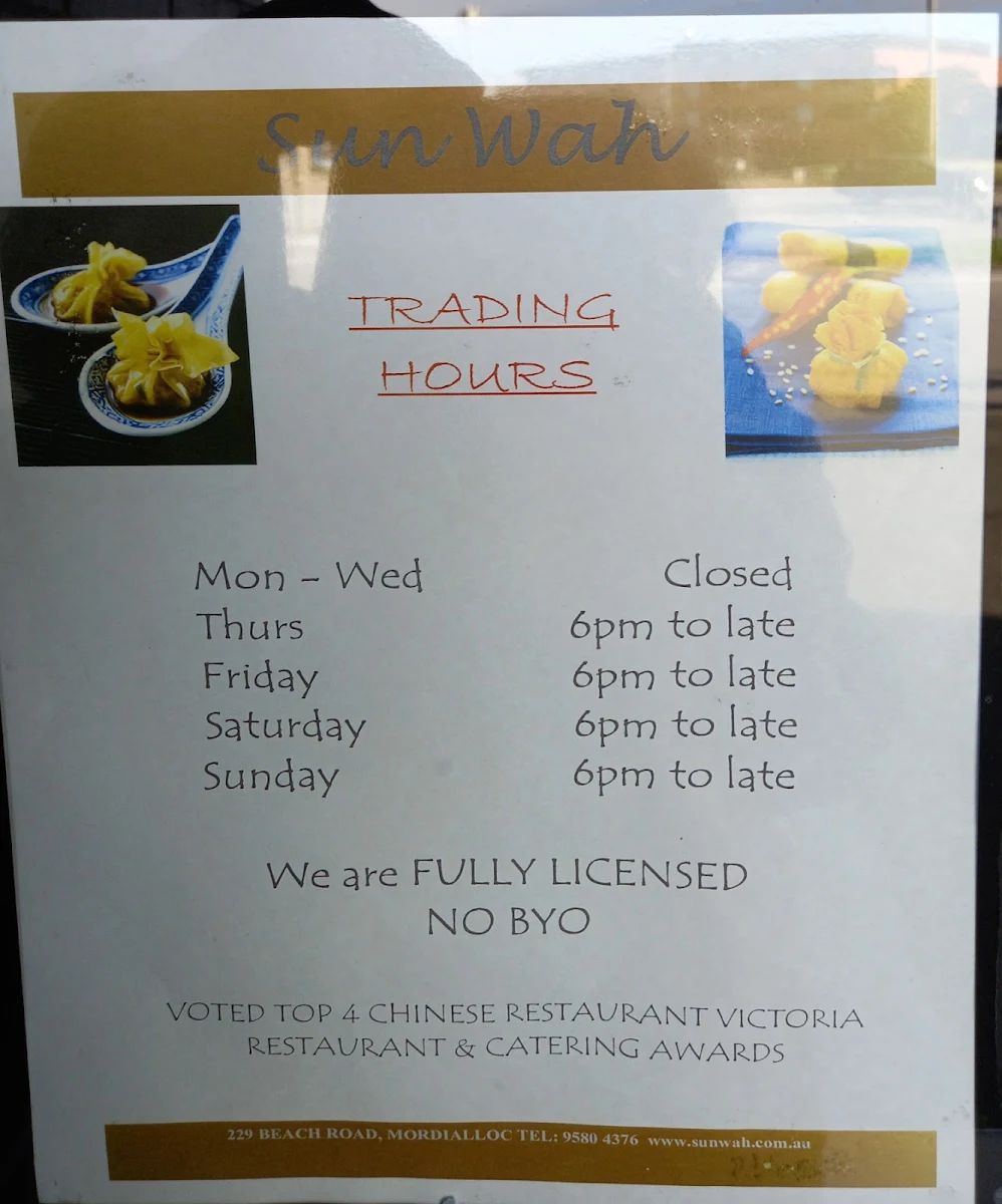 Menu, Sun Wah