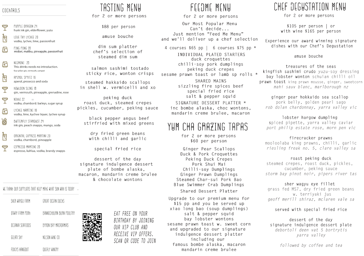 Menu, Sun Wah