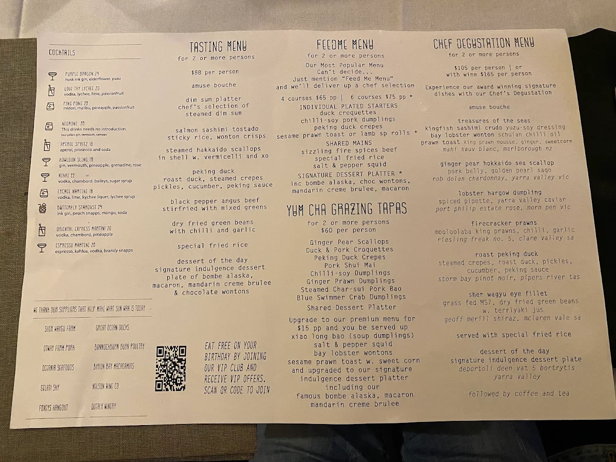 Menu, Sun Wah