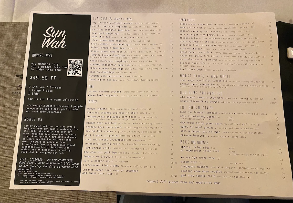 Menu, Sun Wah