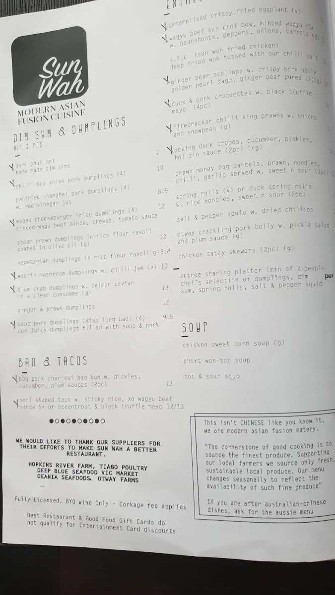 Menu, Sun Wah