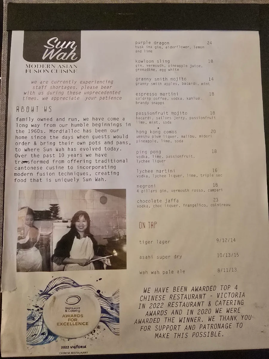 Menu, Sun Wah