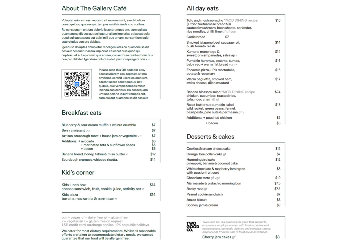 Menu, The Gallery Cafe