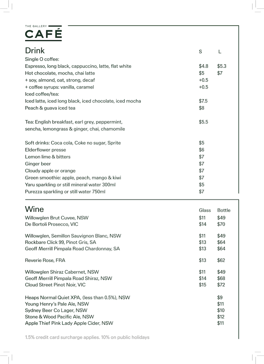 Menu, The Gallery Cafe