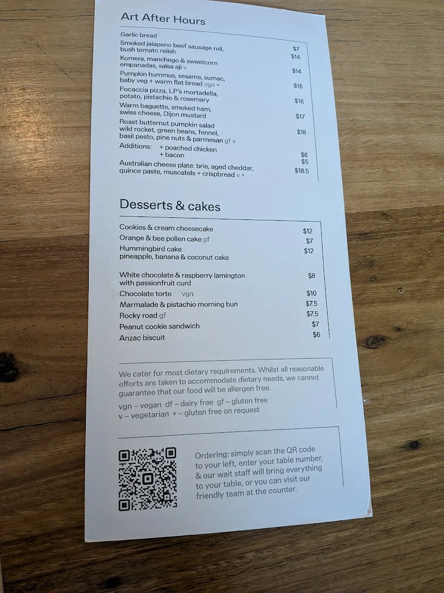 Menu, The Gallery Cafe
