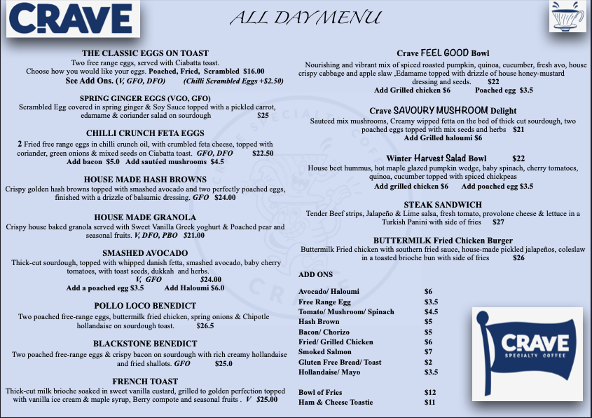 Menu, Crave Specialty Coffee