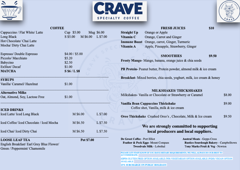 Menu, Crave Specialty Coffee