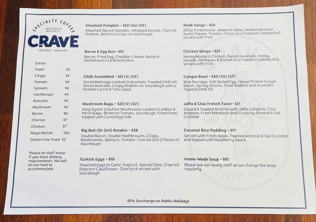 Menu, Crave Specialty Coffee