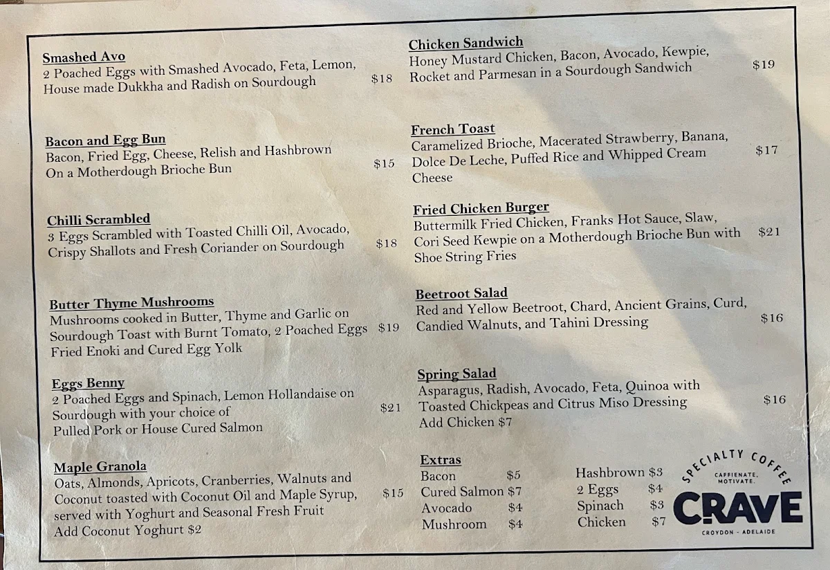 Menu, Crave Specialty Coffee
