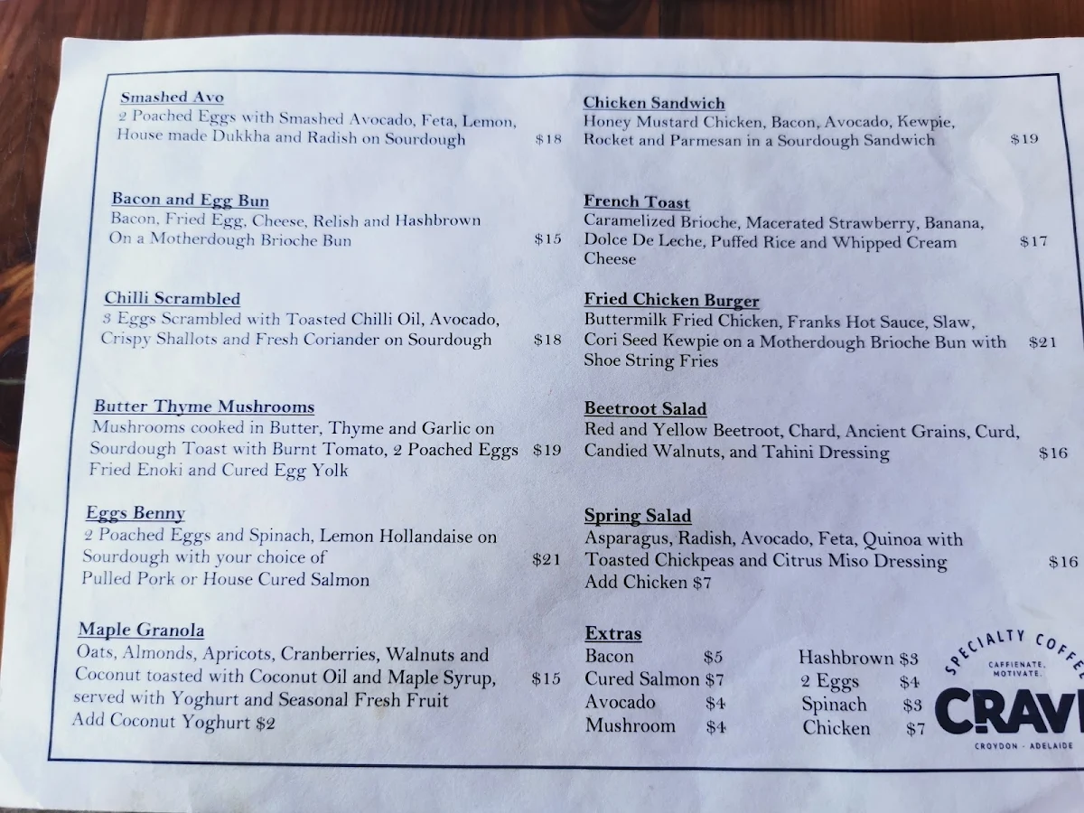 Menu, Crave Specialty Coffee
