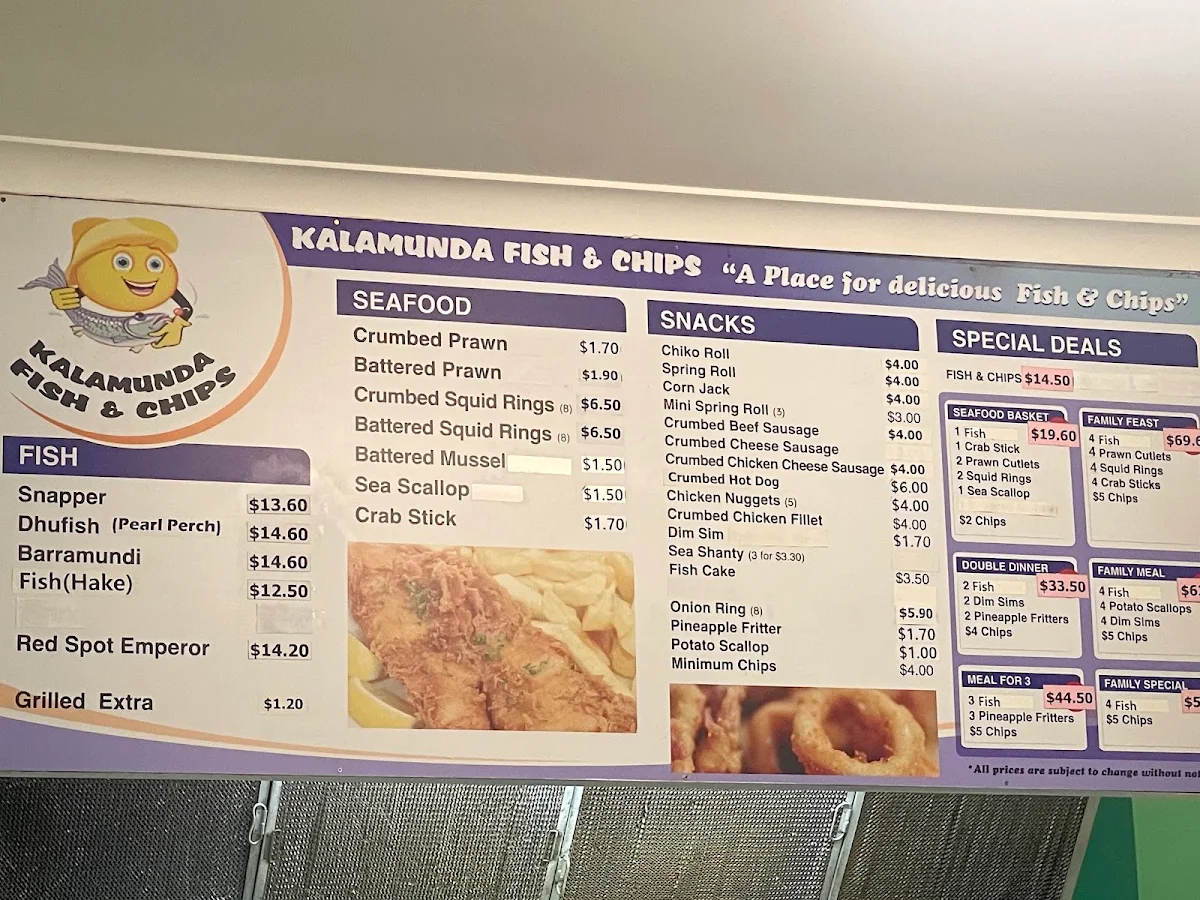Menu, Kalamunda Fish n Chips