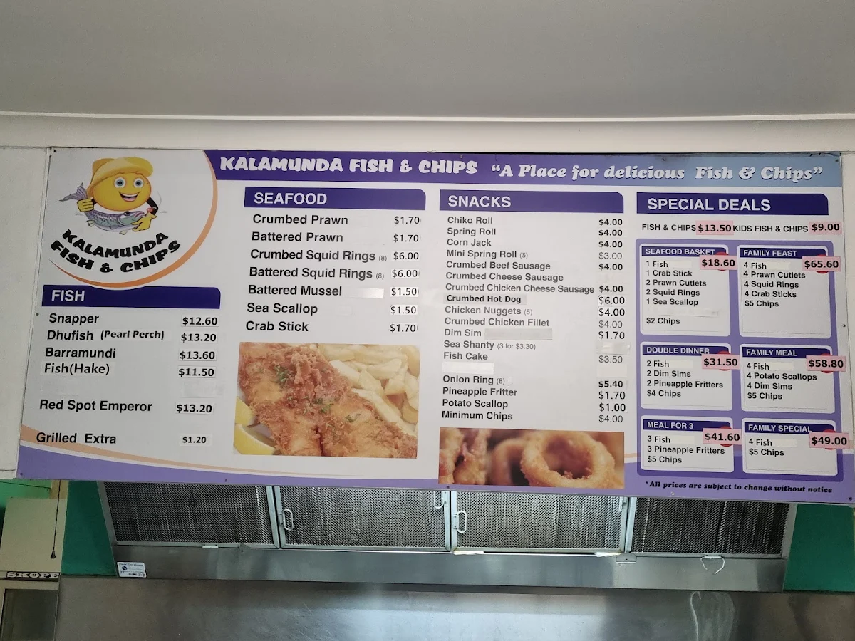 Menu, Kalamunda Fish n Chips