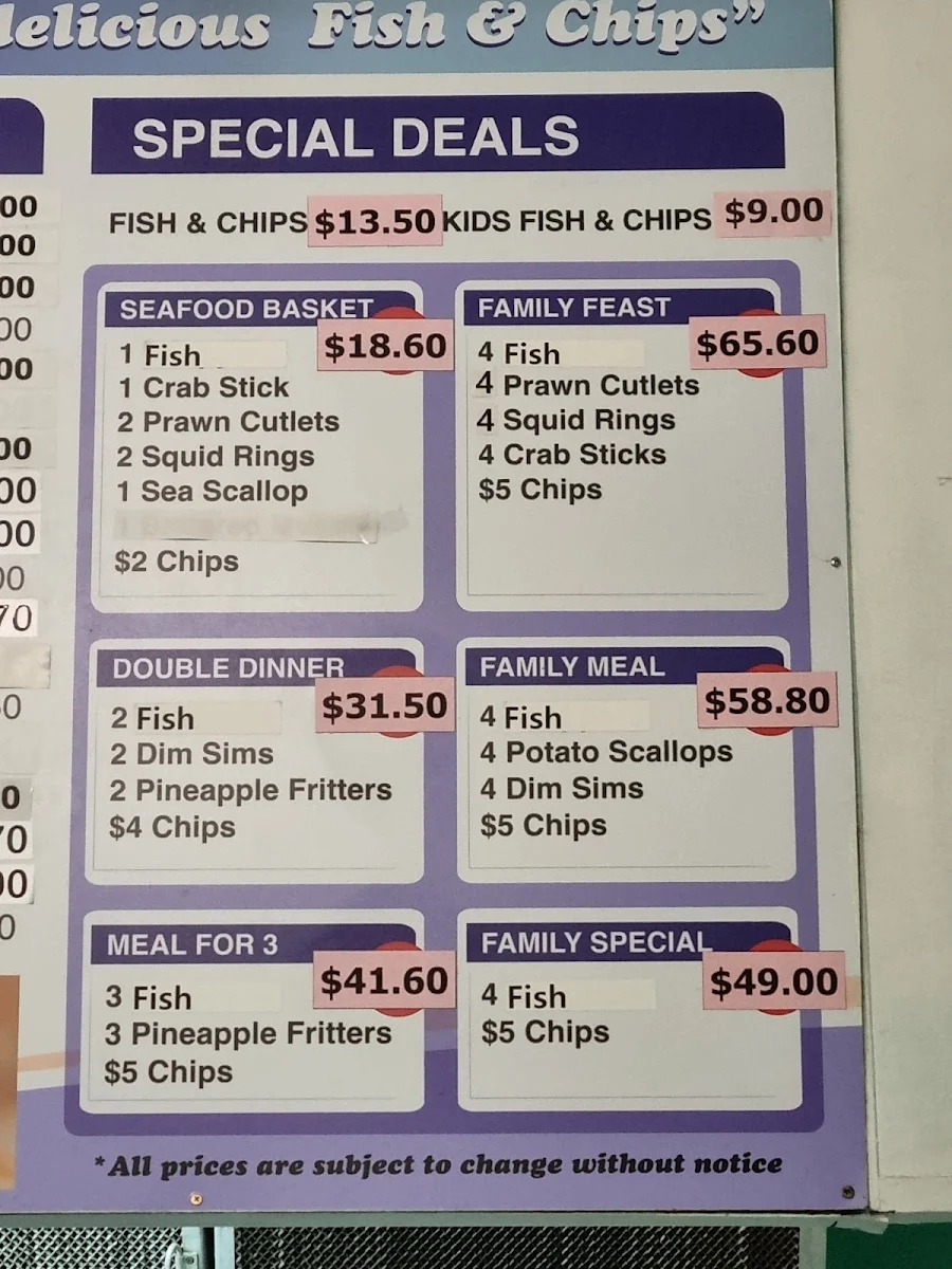 Menu, Kalamunda Fish n Chips