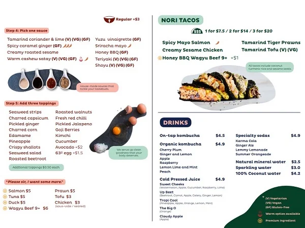 Menu, Nosh Galleria, Melbourne