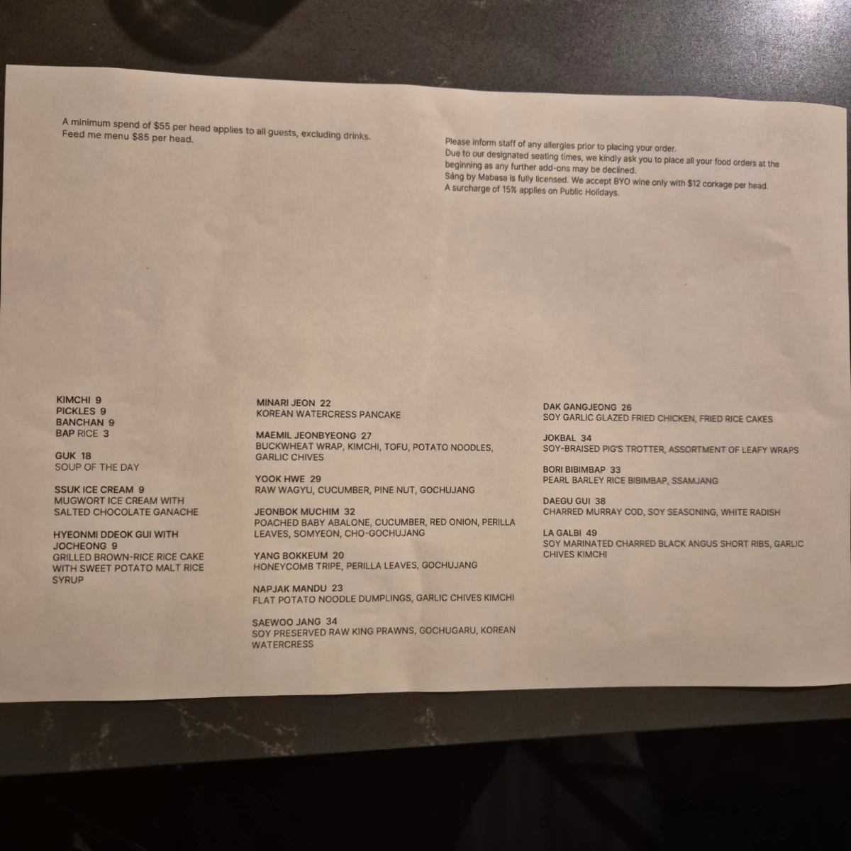 Menu, Sang by Mabasa