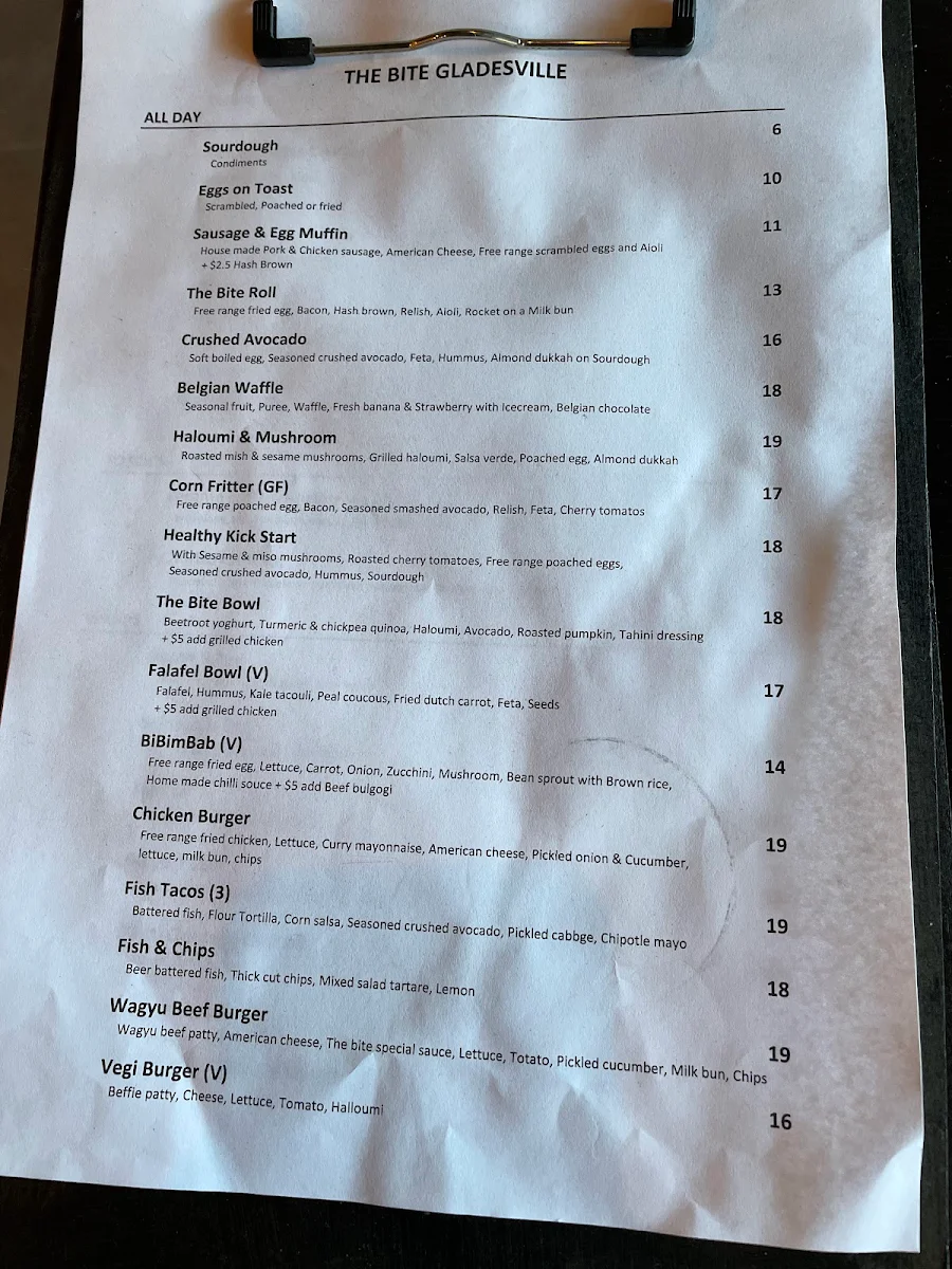Menu, The Bite Gladesville