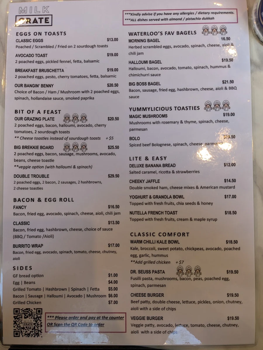 Menu, Milk Crate Waterloo