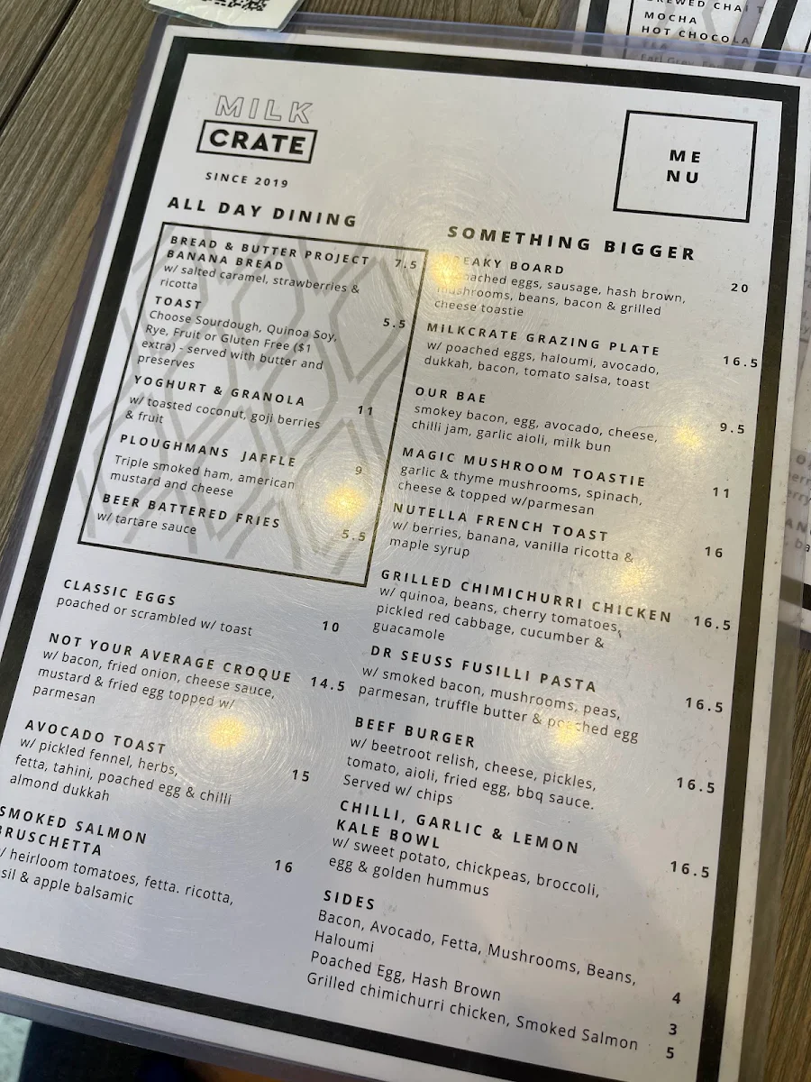 Menu, Milk Crate Waterloo