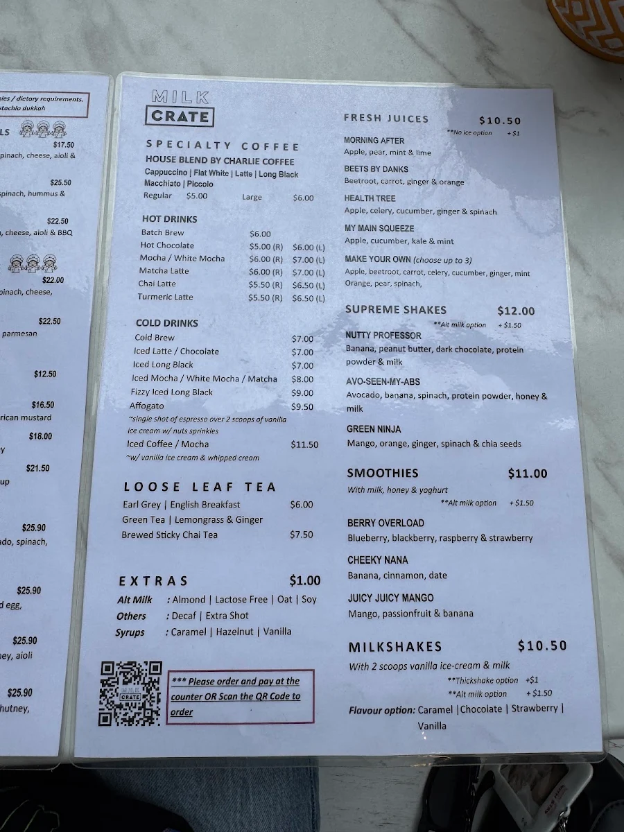 Menu, Milk Crate Waterloo