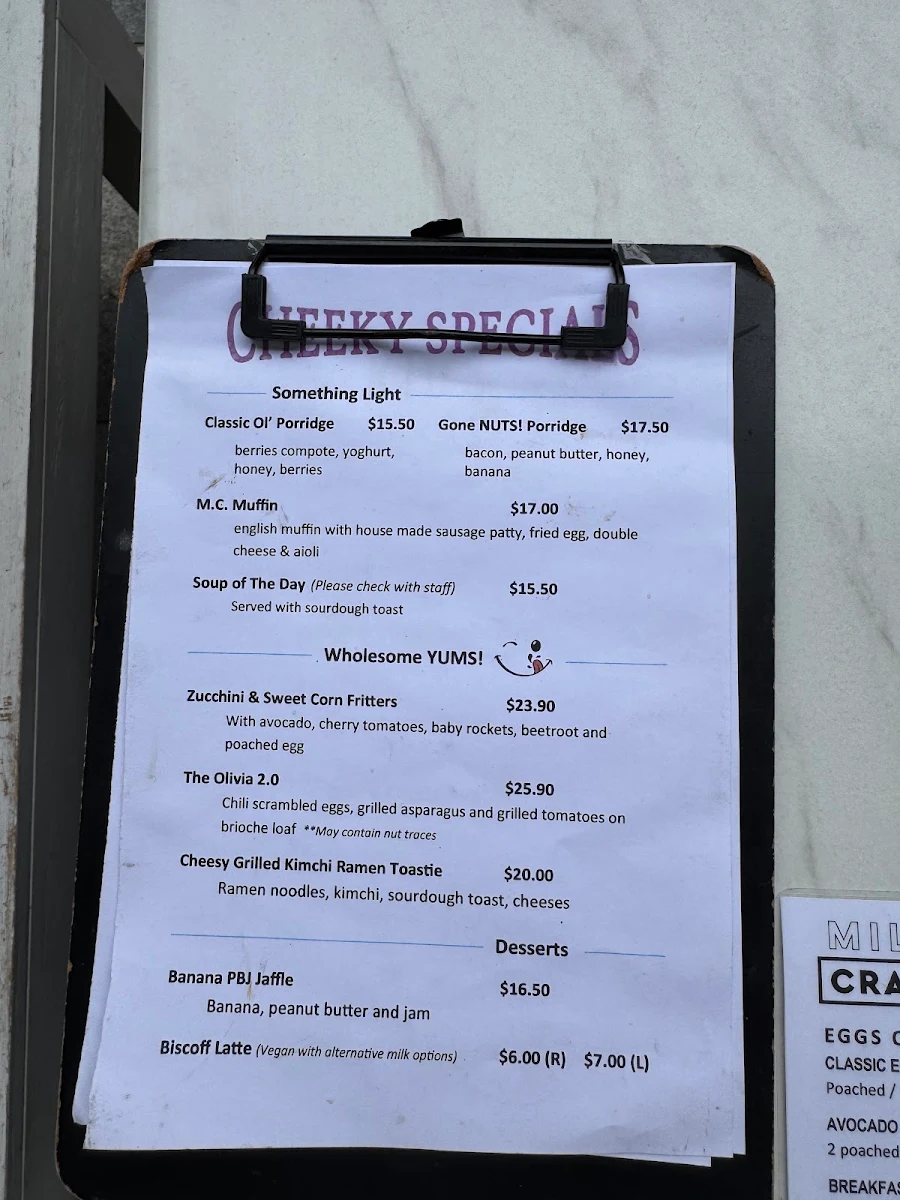 Menu, Milk Crate Waterloo