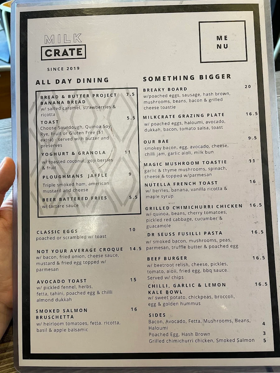 Menu, Milk Crate Waterloo