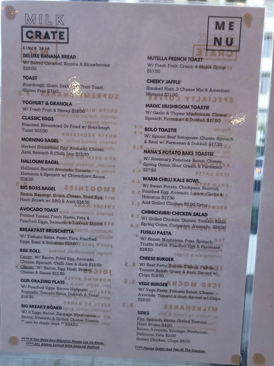 Menu, Milk Crate Waterloo