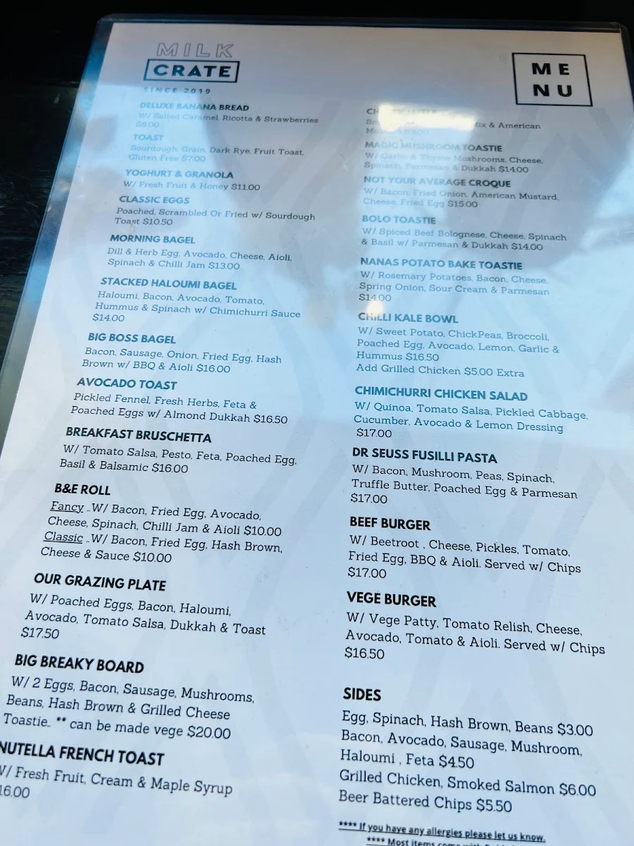 Menu, Milk Crate Waterloo