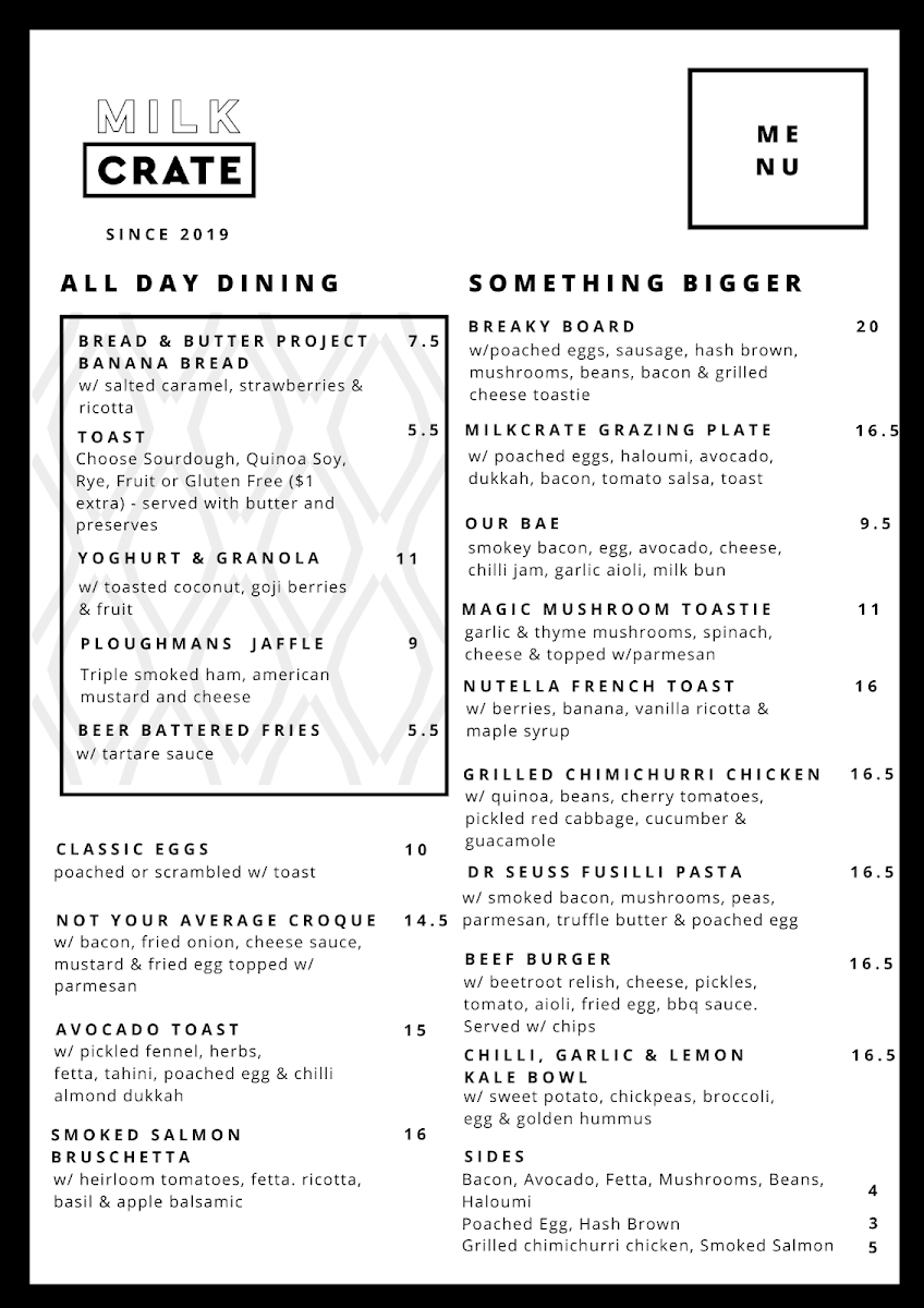 Menu, Milk Crate Waterloo