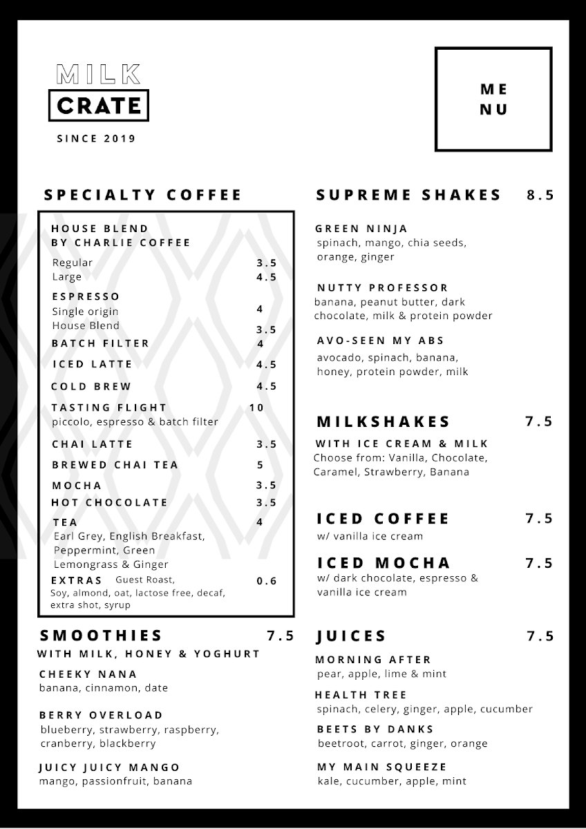 Menu, Milk Crate Waterloo