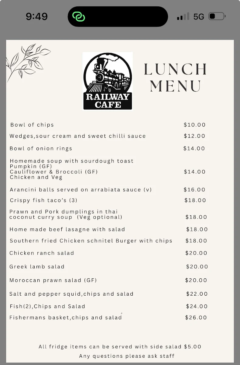 Menu, Railway cafe Tailem Bend