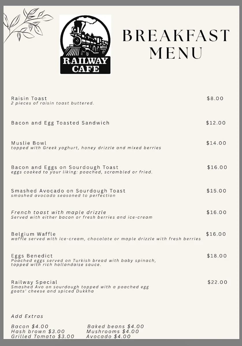 Menu, Railway cafe Tailem Bend