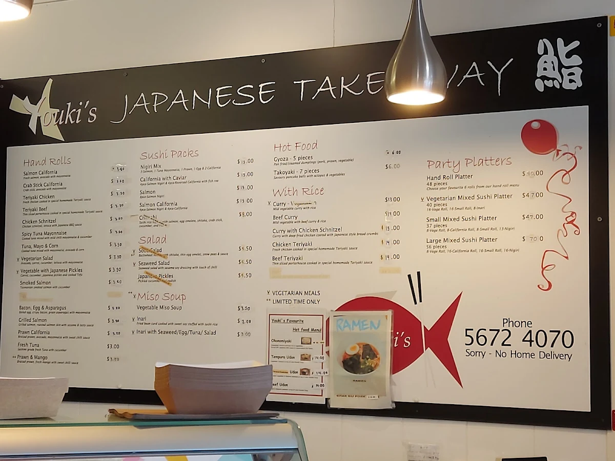 Menu, Youki's Japanese Take Away
