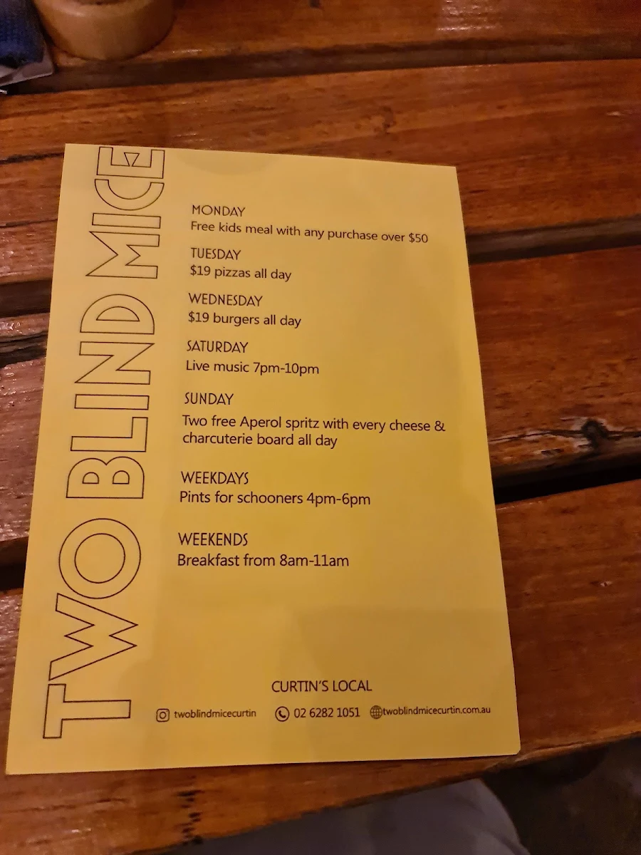 Menu, Two Blind Mice Curtin