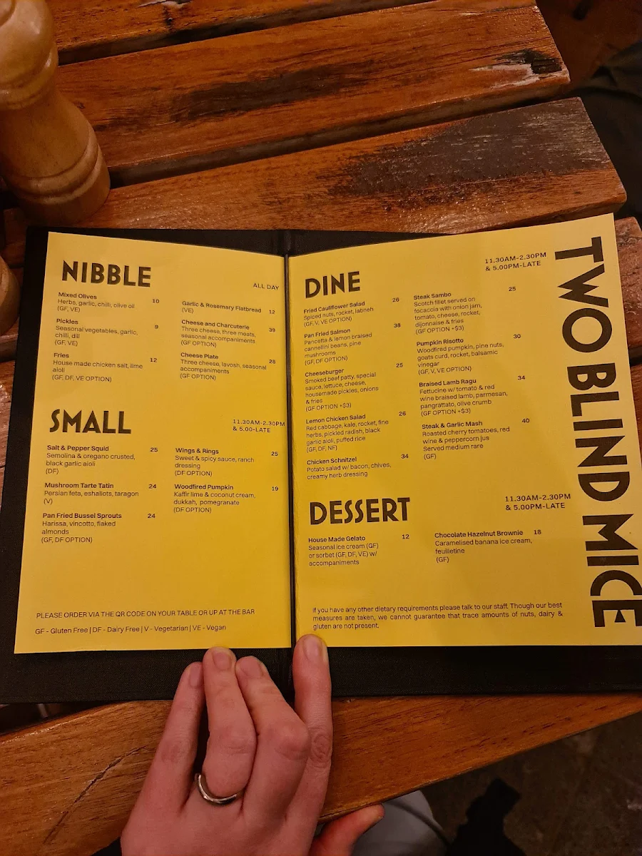 Menu, Two Blind Mice Curtin