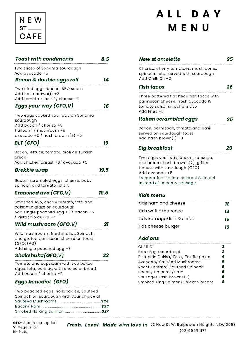 Menu, New St Cafe