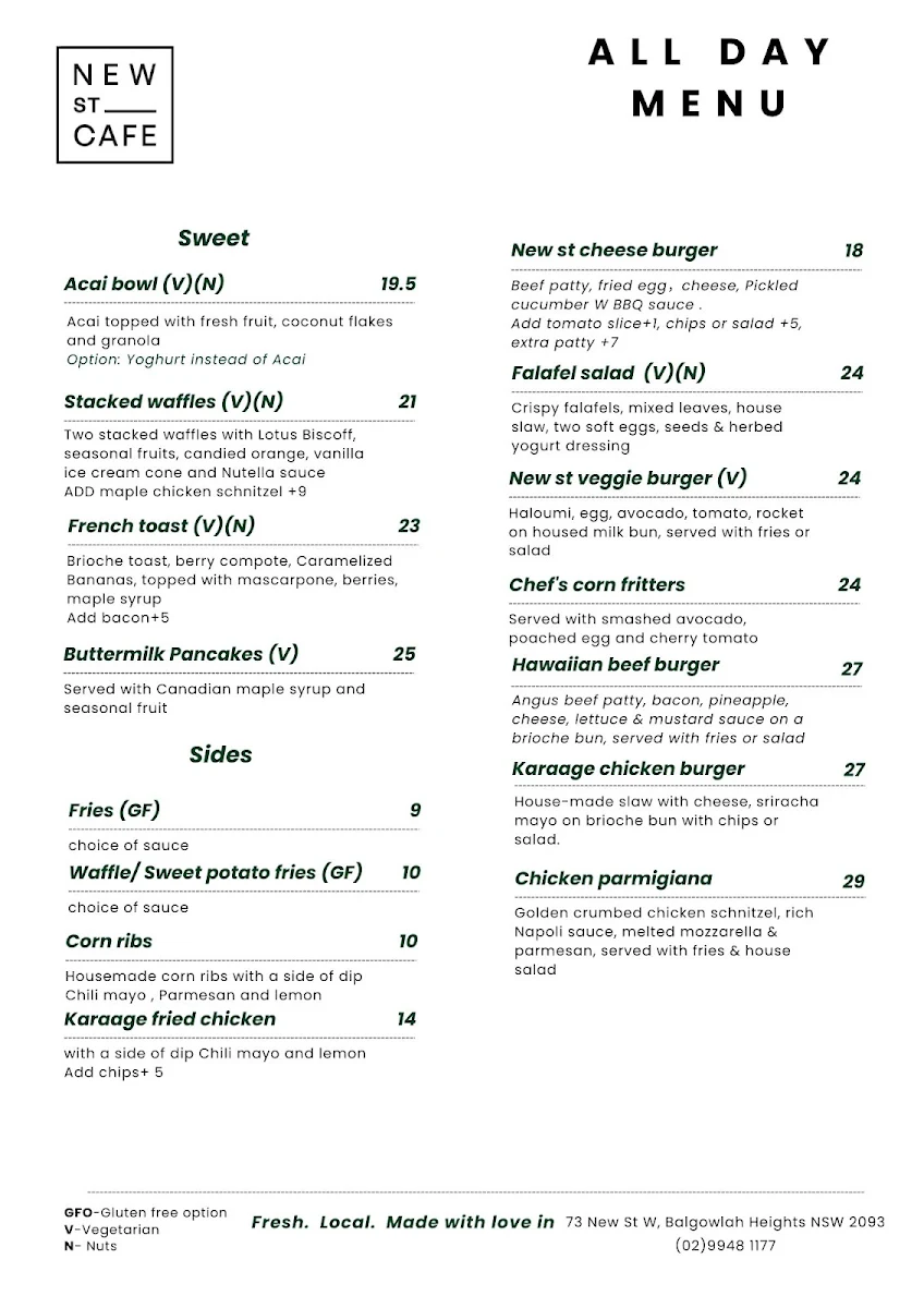 Menu, New St Cafe
