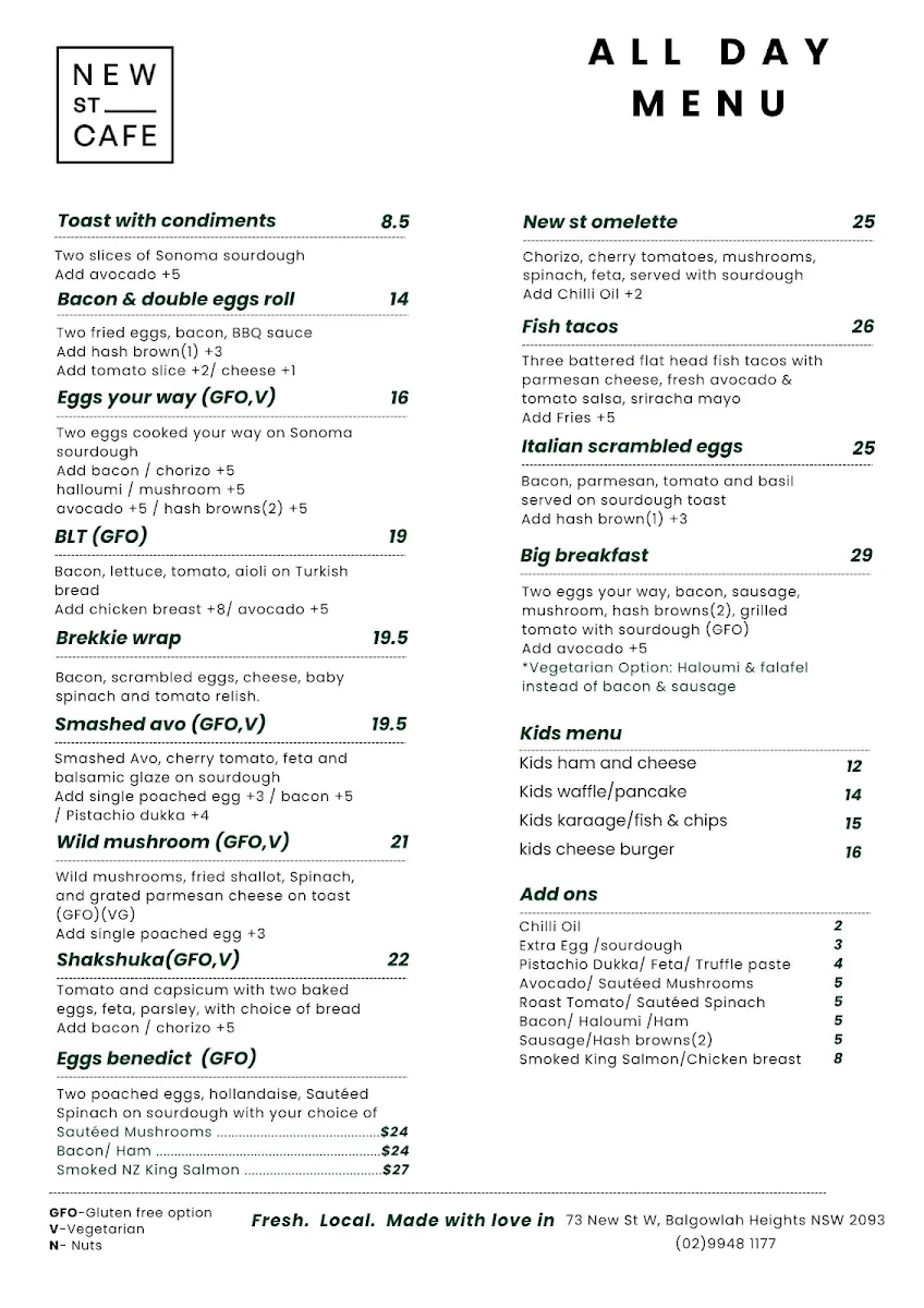 Menu, New St Cafe