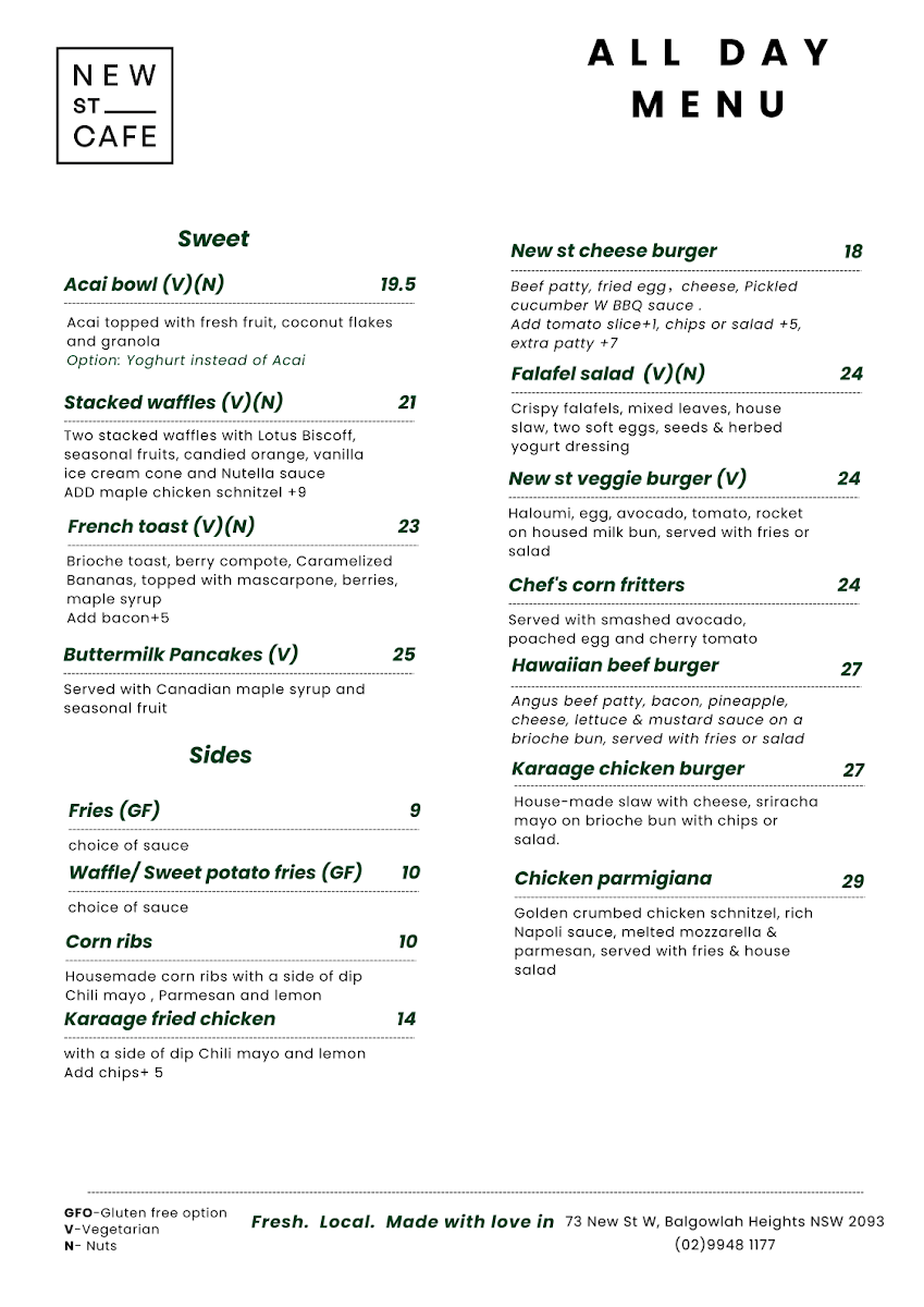 Menu, New St Cafe