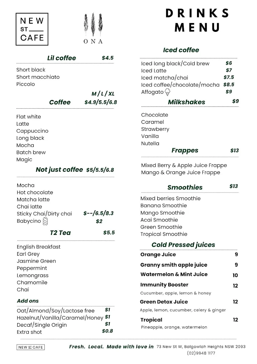 Menu, New St Cafe