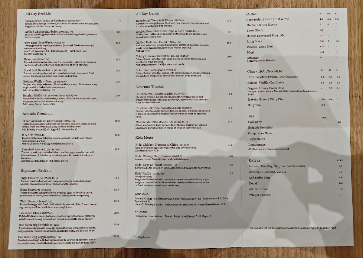 Menu, Bee Keen Cafe Parkmore
