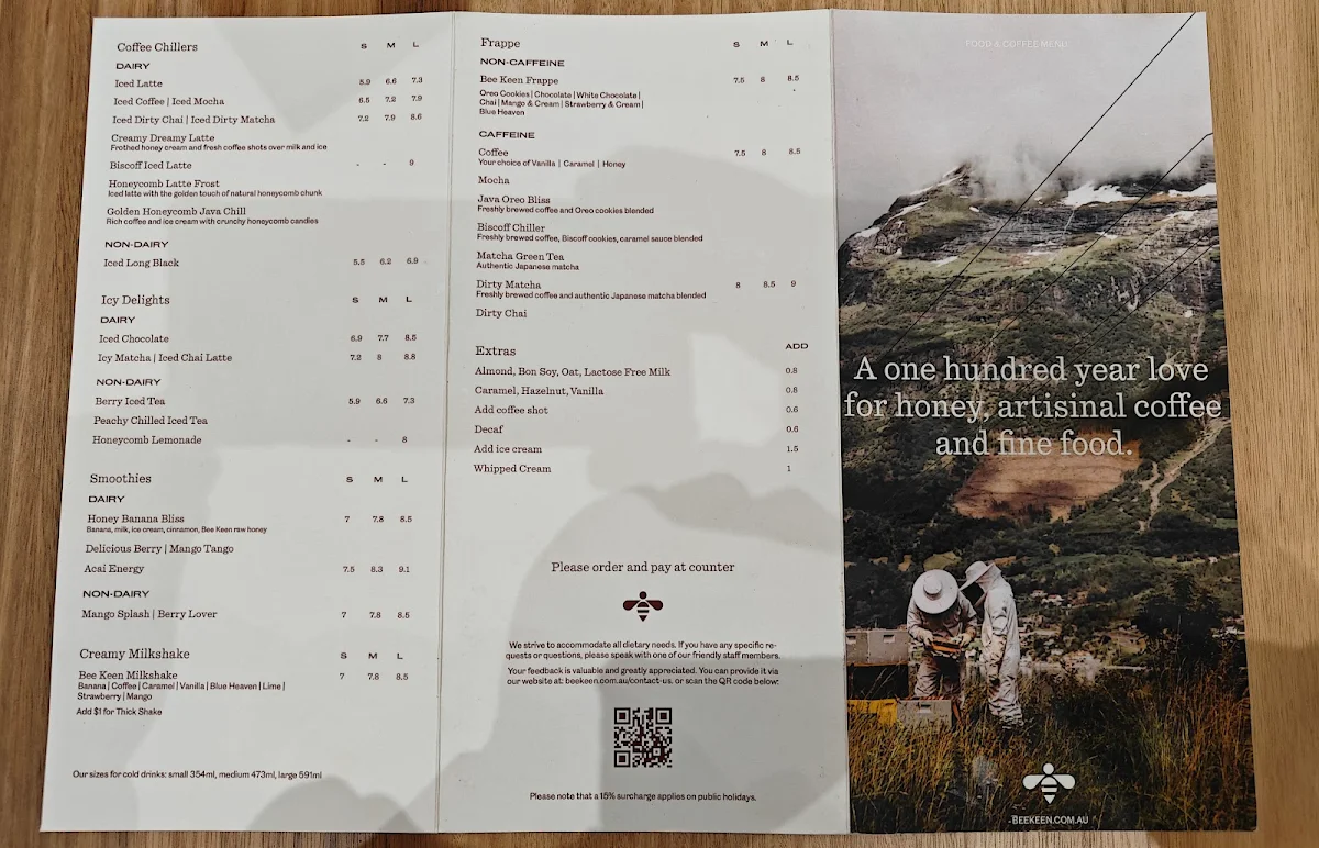 Menu, Bee Keen Cafe Parkmore