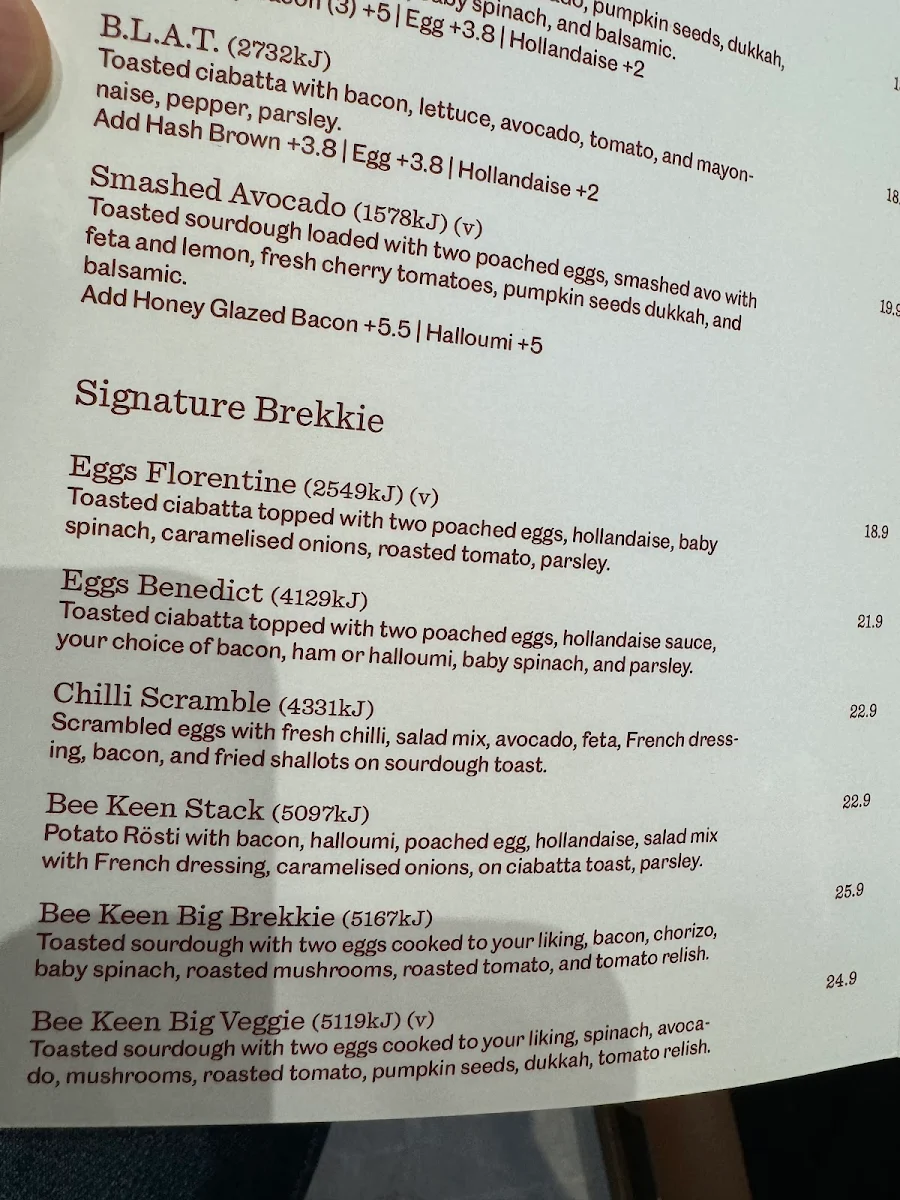 Menu, Bee Keen Cafe Parkmore