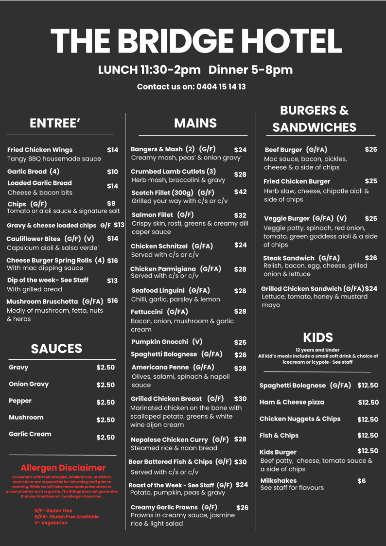 Menu, Nathalia Bridge Hotel
