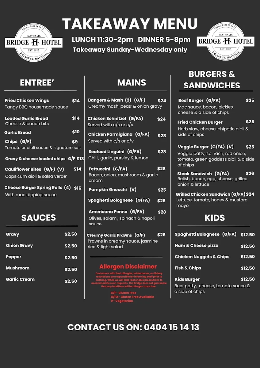 Menu, Nathalia Bridge Hotel